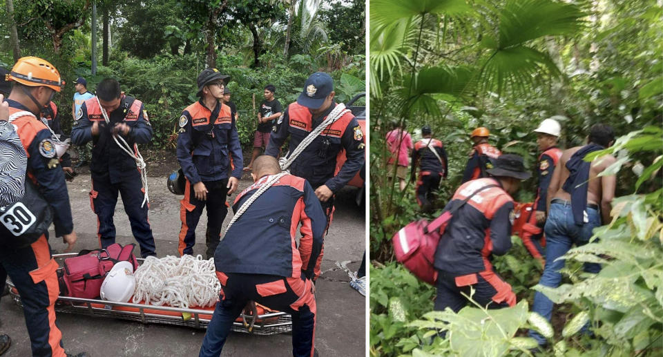 Search crews preparing a stretcher (left) and walking through the jungle (right).