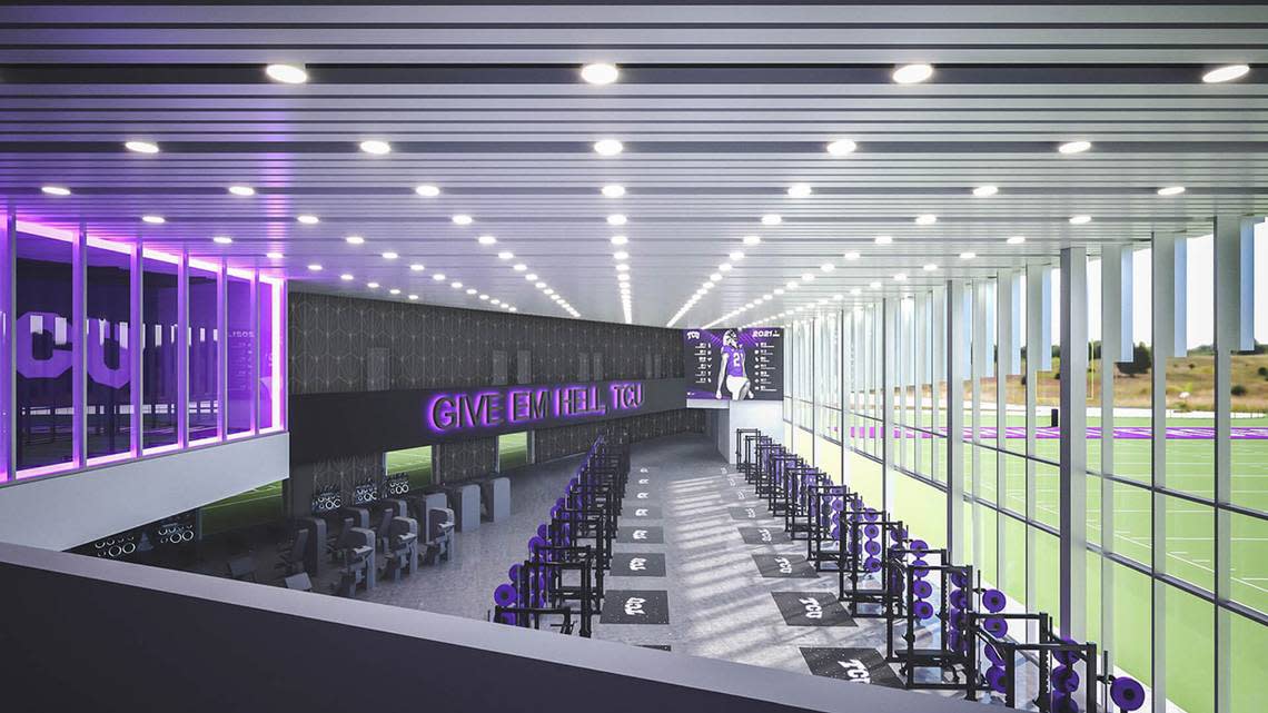 Weight room overlooks the practice field.