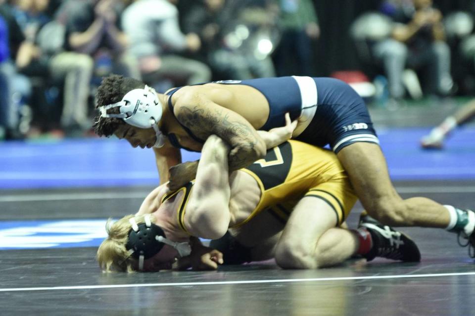 Penn State’s Roman Bravo-Young controls Appalachian State’s Ethan Oakley in their 133-pound first round match of the NCAA Championships on Thursday, March 16, 2023 at the BOK Center in Tulsa, Okla. Bravo-Young earned a 12-3 win over Oakley.
