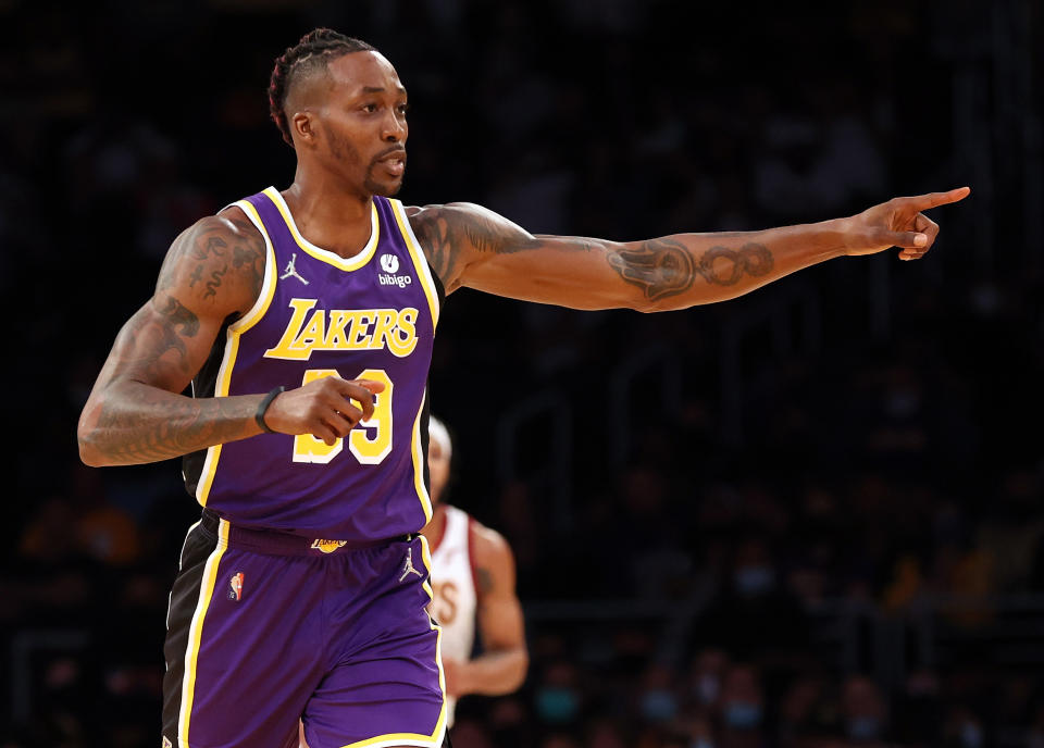 LOS ANGELES, CALIFORNIA - OCTOBER 29:  Dwight Howard #39 of the Los Angeles Lakers in the second quarter at Staples Center on October 29, 2021 in Los Angeles, California.  NOTE TO USER: User expressly acknowledges and agrees that, by downloading and/or using this Photograph, user is consenting to the terms and conditions of the Getty Images License Agreement.  (Photo by Ronald Martinez/Getty Images)