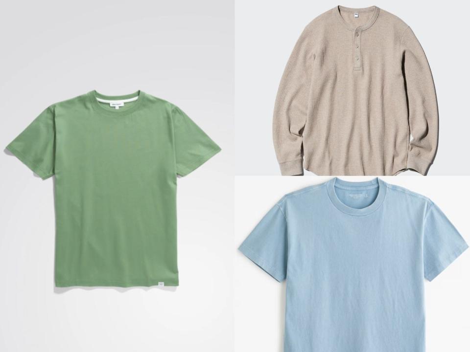 The Norse Project t-shirt (left) is $80, the Uniqlo henley (top right) is $30, and the Abercrombie & Fitch t-shirt (bottom right) is $19. - Copyright: Uniqlo; Norse Projects; Abercrombie and Fitch