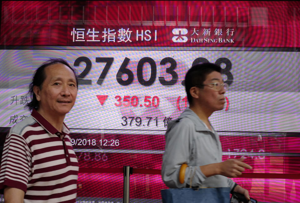 People walk past an electronic board showing Hong Kong share index outside a local bank in Hong Kong, Monday, Sept. 24, 2018. Shares have fallen in Asia after China rebuffed a plan for talks with the U.S. on resolving their dispute over trade and technology. Shares fell in Hong Kong, India and Australia, while markets in Japan, South Korea and elsewhere were closed Monday for national holidays. The slow start to the week followed a mixed close Friday on Wall Street, where an afternoon sell-off erased modest gains for the S&P 500 that had the benchmark index on track to eke out its own record high for much of the day. (AP Photo/Vincent Yu)