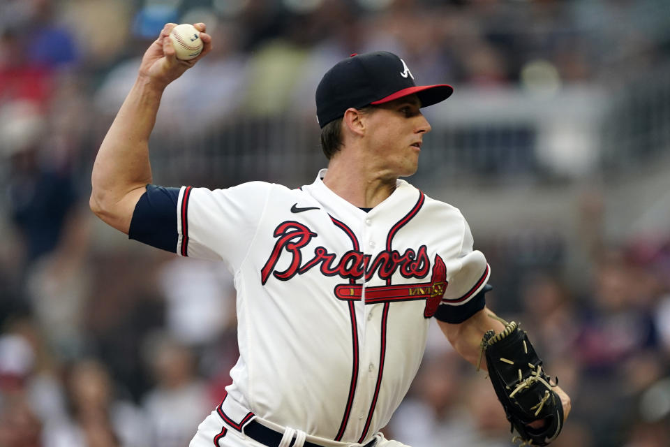 Atlanta Braves starting pitcher Kyle Wright delivers in the first inning of the team's baseball game against the Oakland Athletics on Tuesday, June 7, 2022, in Atlanta. (AP Photo/John Bazemore)
