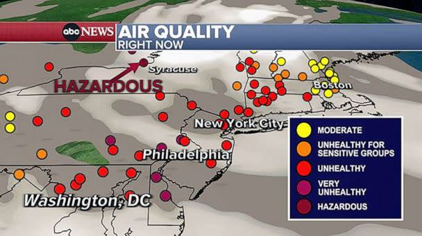 PHOTO: The worst air quality in the U.S. on the morning of June 7, 2023, was in New York from Syracuse to Binghamton. (ABC News)