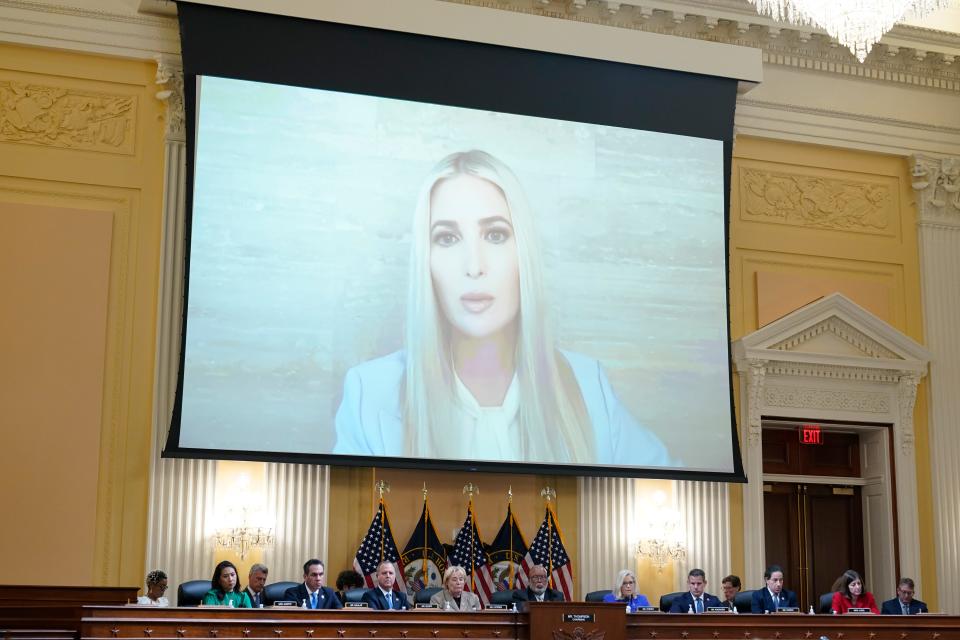 A video showing former White House adviser Ivanka Trump speaking during an interview with the Jan. 6 committee is shown at the House hearing on June 9, 2022.