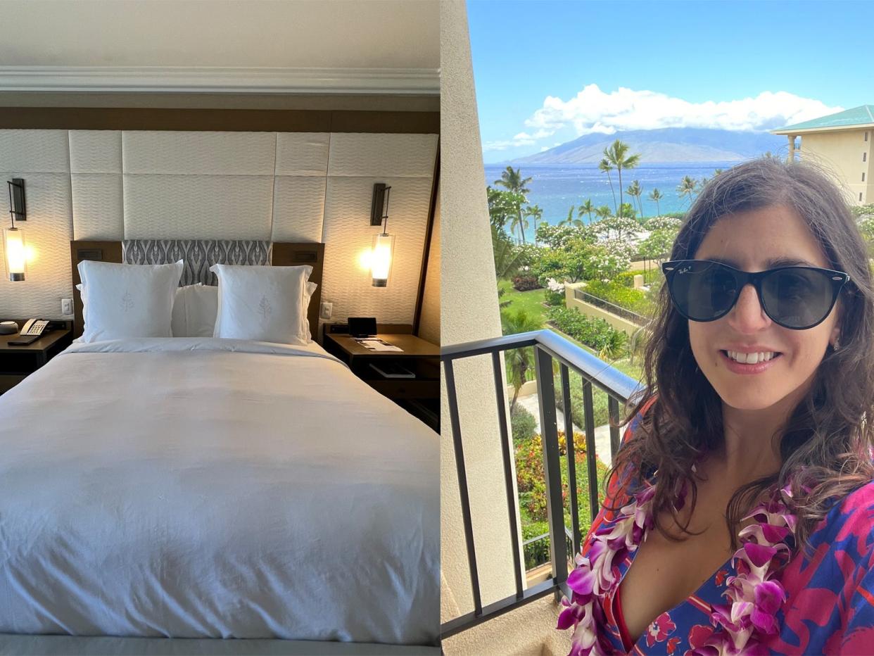 A split image shows a king bed (left) and a woman on the balcony at the Four Seasons Maui at Wailea (right).