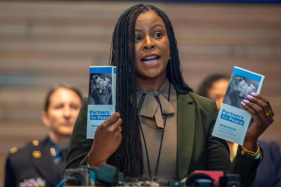 Director of Public Safety Melesa Johnson speaks during a press conference at Kansas City Police Department Headquarters on Wednesday, May 17, 2023, in Kansas City.