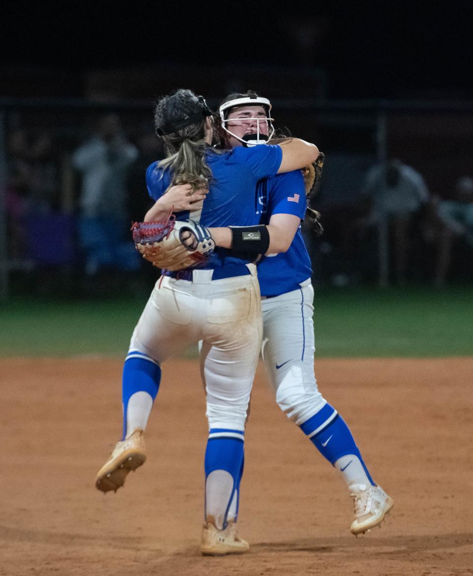 The Royals celebrate their 7-6 victory in the Jay vs Northview District 1-1A championship softball game at Central High School in Milton on Thursday, May 2, 2024.