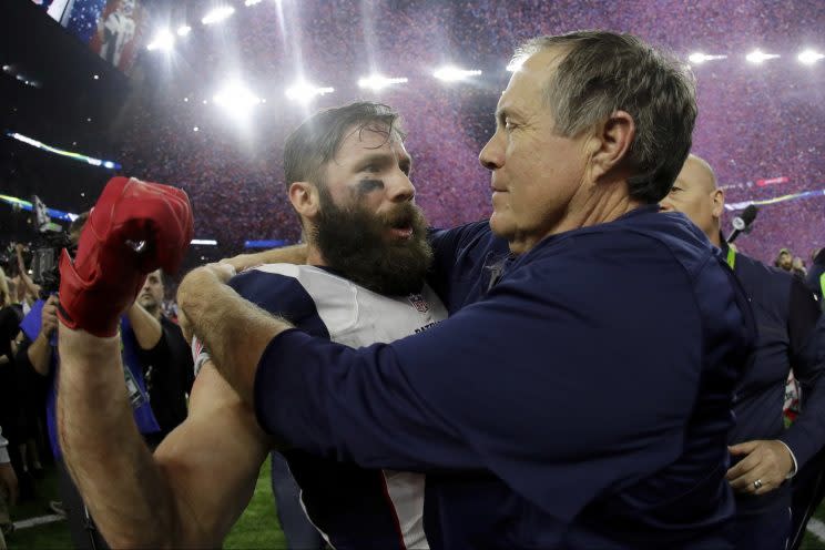 Julian Edelman and Bill Belichick after the Patriots' Super Bowl LI win. (AP)