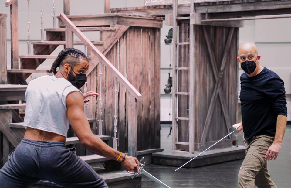 Rasell Holt and Chris Duval rehearse a swordfight scene for Asolo Repertory Theatre’s “The Three Musketeers.”