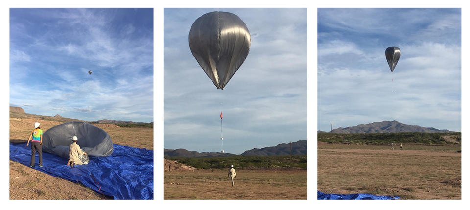 Researchs inflate a solar hot air balloon equipped with with an infrasound microbarometer.<span class="copyright">Darielle Dexheimer—Sandia National Laboratories</span>