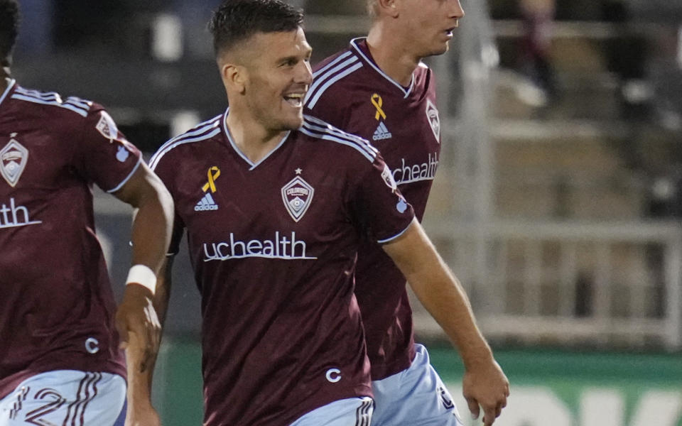 Colorado Rapids forward Diego Rubio celebrates a goal aagainst the Vancouver Whitecaps during the second half of an MLS soccer match Wednesday, Sept. 27, 2023, in Commerce City, Colo. (AP Photo/Jack Dempsey)