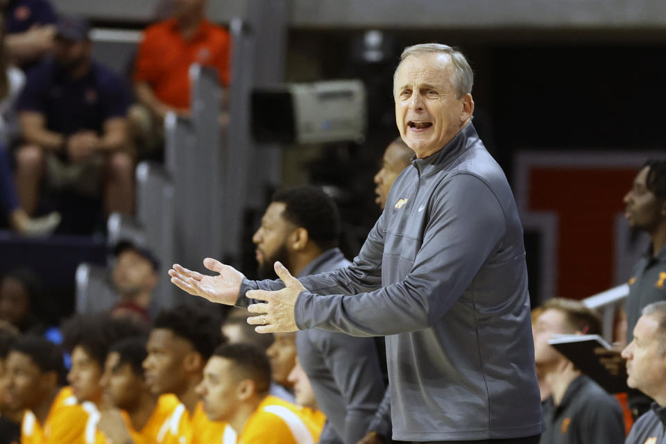 Tennessee head coach Rick Barnes reacts to a call during the first half of an NCAA college basketball game against Auburn Saturday, March 4, 2023, in Auburn, Ala. (AP Photo/Butch Dill)