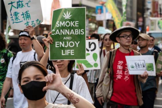 People take part in a cannabis legalization march in Tokyo, May 4, 2023.<span class="copyright">Richard A. Brooks—AFP/Getty Images</span>