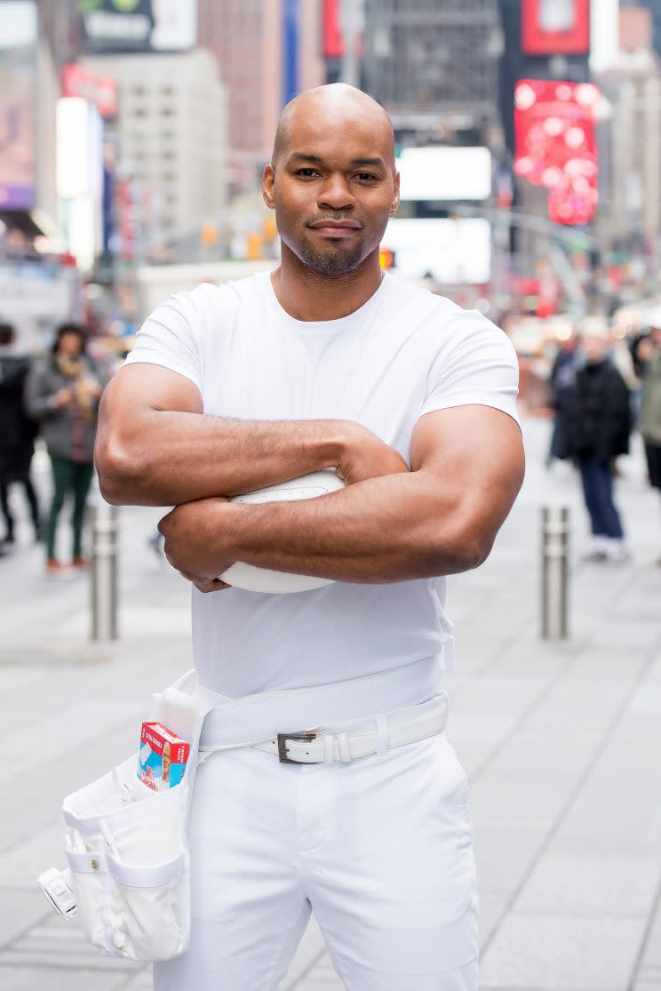 Winner of the the #NextMrClean contest Mike Jackson celebrates Mr. Clean's first ever Super Bowl ad spot at Duffy Square in Times Square on January 26, 2017 in New York City. (Photo: Mike Pont/WireImage)