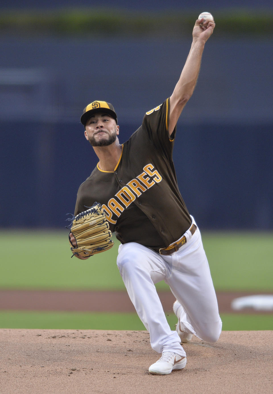 San Diego Padres starting pitcher Joey Lucchesi works against a San Francisco Giants batter during the first inning of a baseball game Friday, July 26, 2019, in San Diego. (AP Photo/Orlando Ramirez)