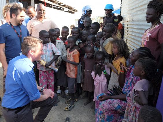 Gavin Williamson meets South Sudanese children during Friday’s visit to the country (Kim Sengupta)