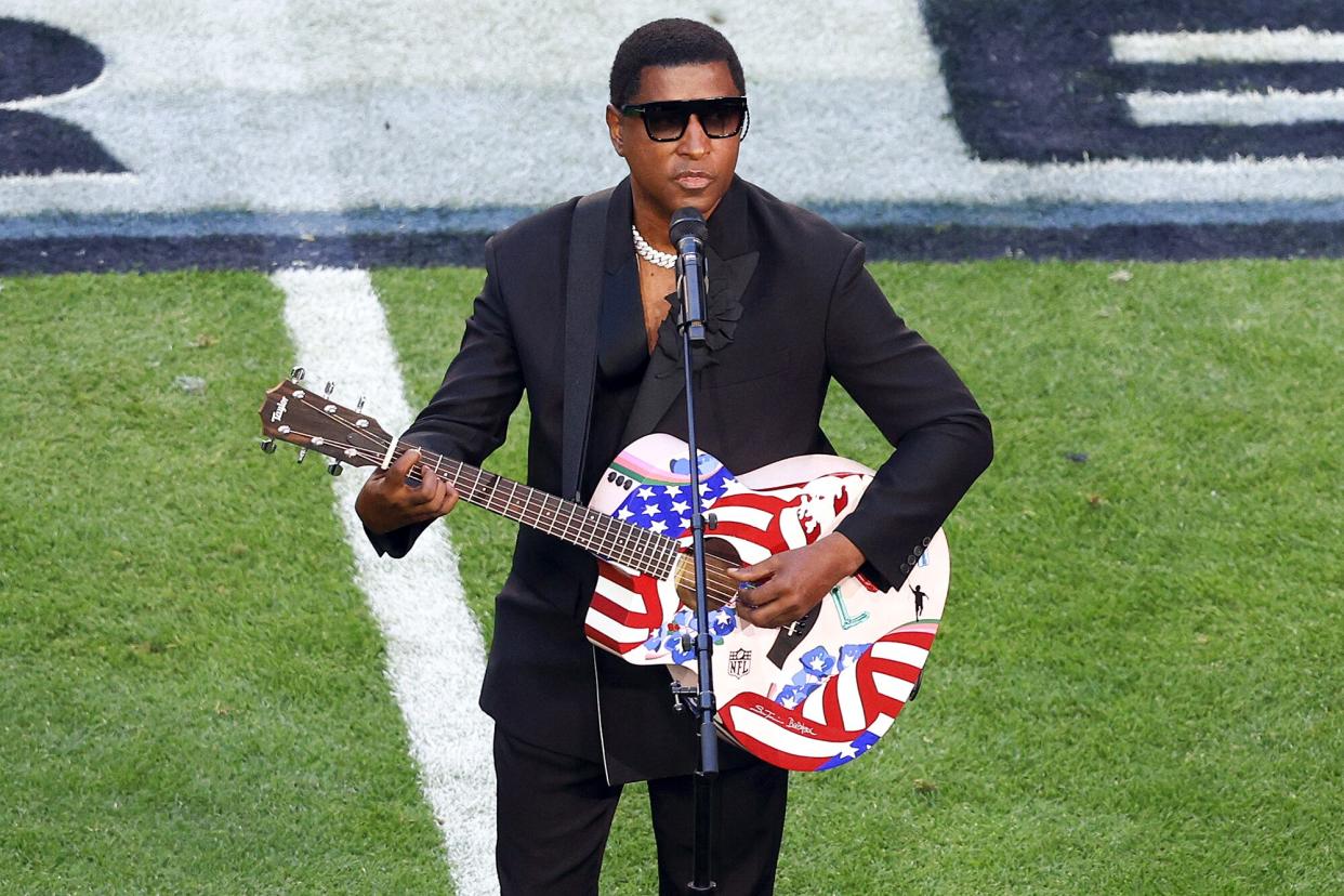 Babyface performs "America the Beautiful" before Super Bowl LVII between the Kansas City Chiefs and the Philadelphia Eagles at State Farm Stadium on February 12, 2023 in Glendale,