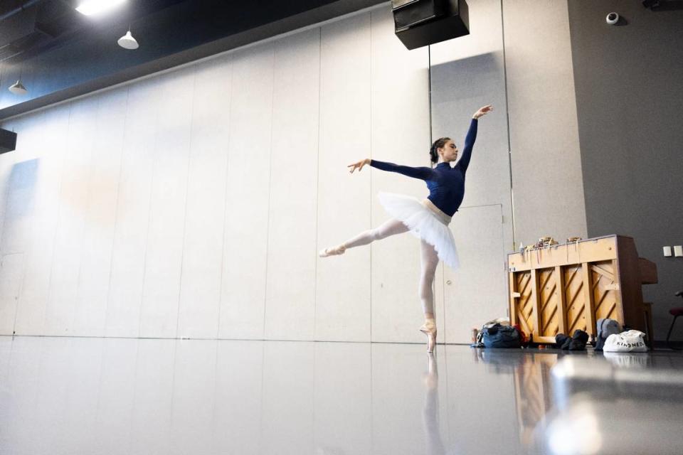 Evelyn Robinson practices for Swan Lake at Charlotte Ballet Center for Dance in Charlotte, N.C., on Thursday, April 11, 2024.