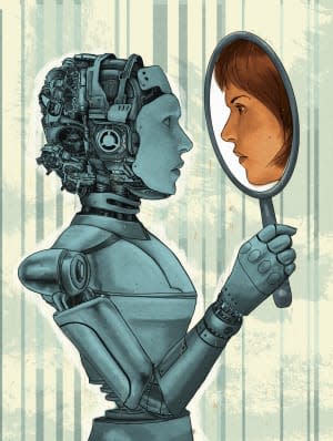 Female robot holding mirror with face of woman reflection
