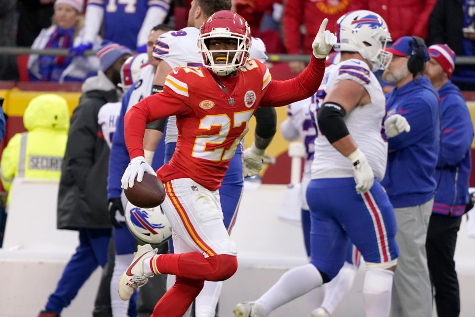 Kansas City Chiefs safety Chamarri Conner celebrates after intercepting a pass during the first half of an NFL football game against the Buffalo Bills Sunday, Dec. 10, 2023, in Kansas City, Mo. (AP Photo/Ed Zurga)