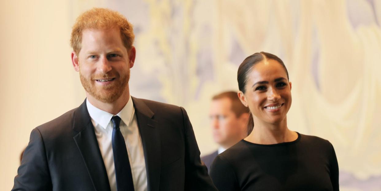 new york, new york   july 18  prince harry, duke of sussex and meghan, duchess of sussex arrive at the united nations headquarters on july 18, 2022 in new york city prince harry, duke of sussex is the keynote speaker during the united nations general assembly to mark the observance of nelson mandela international day where the 2020 un nelson mandela prize will be awarded to mrs marianna vardinogiannis of greece and dr morissanda kouyaté of guinea  photo by michael m santiagogetty images