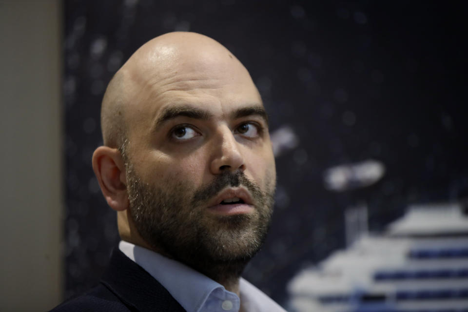 Italian writer Roberto Saviano attends the presentation of his book 'In mare non esistono taxi', at the Spazio Forma gallery, in Milan, Italy, Monday, July 1, 2019. When Giorgia Meloni was running to become Italy’s first far-right head of government since the demise of the country's fascist dictatorship, she steeped her campaign in ideological touchpoints like national sovereignty and “traditional families.” (AP Photo/Luca Bruno)