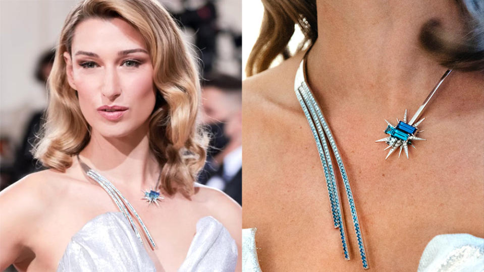 Lauren Remington Platt is seen at the Met Gala wearing a custom FTX necklace that will be auctioned off at the 2022 amfAR Gala Cannes with proceeds donated to fight the AIDS epidemic. - Credit: Courtesy of Carl Timpone/BFA.com; Courtesy of MATTE Productions