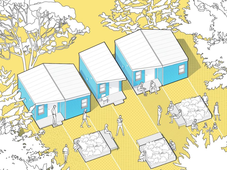 This is a rendering of small cabins proposed by Two Steps Homes to house people on city land until permanent affordable housing is available. 