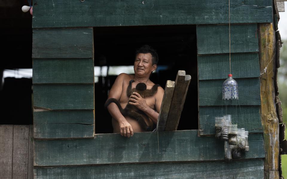 Un hombre sostiene a su mono mascota mientras mira desde su casa en el barrio Belén de Iquitos, Perú, el sábado 25 de mayo de 2024. La comunidad indígena en el corazón de la Amazonía peruana conocida como la "Venecia de la Selva" organiza el Festival de Cine Flotante Mayuna, que celebra los bosques tropicales. (Foto AP/Rodrigo Abd)