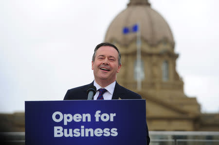 Jason Kenney, Alberta's premier-designate and leader of the United Conservative Party (UCP), meets with the media in front of the Legislature Building in Edmonton, Alberta, Canada April 17, 2019. REUTERS/Candace Elliott