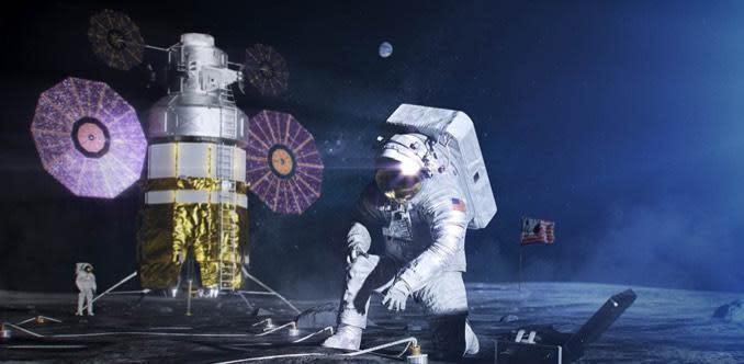 An artist's impression of two Artemis astronauts working on the surface of the moon. / Credit: NASA