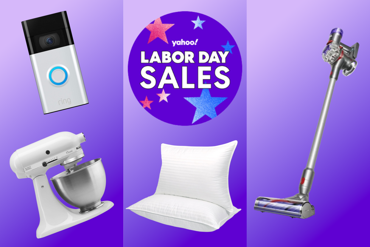 Ring video doorbell, KitchenAid stand mixer, Cozsinoor pillows, Dyson vacuum and a badge that reads Yahoo! Labor Day Sales