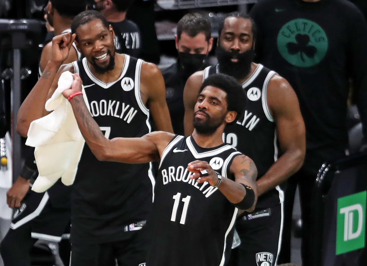 Kevin Durant, Kyrie Irving and James Harden played a total of 16 games together for the Brooklyn Nets. (Jim Davis/The Boston Globe via Getty Images)