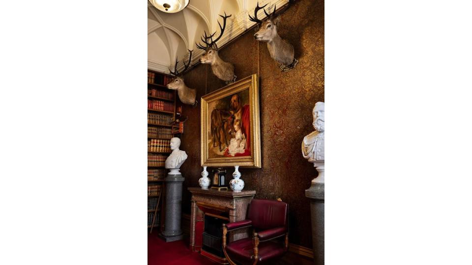 A room with a painting, bookshelves and three mounted deer heads