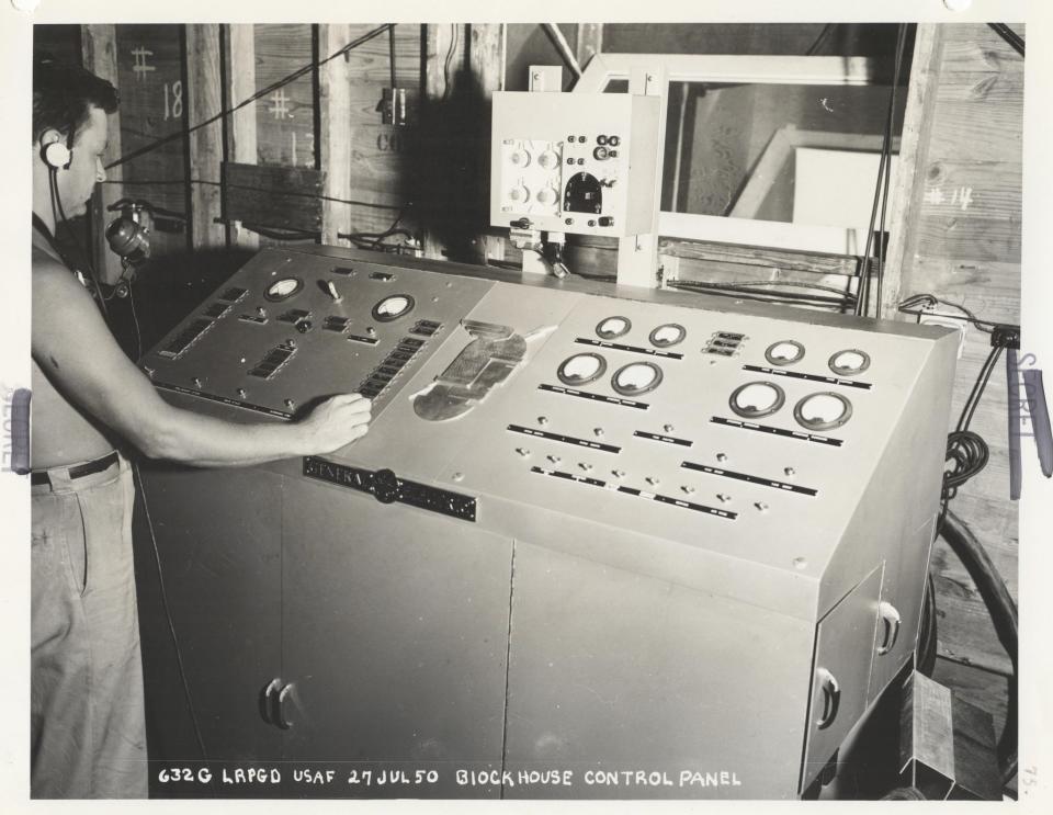 A control panel inside the Bumper blockhouse, shown in this July 1950 U.S. Air Force photo.