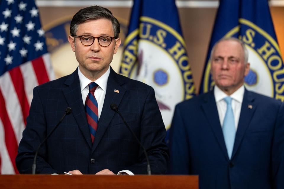 Speaker of the House Mike Johnson at a weekly news conference on Capitol Hill on May 22, 2024 flanked by House Majority leader Steve Scalise (Getty Images)