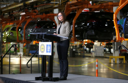 General Motors Chief Executive Officer Mary Barra announces a major investment focused on the development of GM future technologies at the GM Orion Assembly Plant in Lake Orion, Michigan, U.S. March 22, 2019. REUTERS/Rebecca Cook