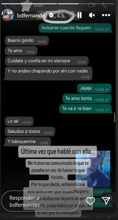 El novio de Sabrina publicó otro fuerte comunicado y mostró el último chat de WhatsApp que tuvo con la participante de Gran Hermano (Foto: captura Instagram/@bdfernandez)