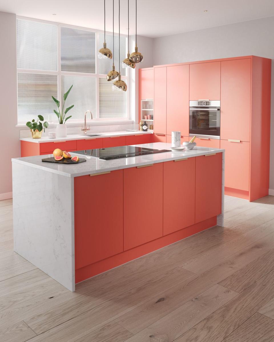 <p>A rivetingly colourful kitchen never fails to impress. Spice up your space with a burst of <a href="https://www.housebeautiful.com/uk/decorate/kitchen/g36287711/kitchen-colour-trends/" rel="nofollow noopener" target="_blank" data-ylk="slk:colour;elm:context_link;itc:0;sec:content-canvas" class="link ">colour</a>, such as red, orange or bright blue. It's the perfect way to make a statement. </p><p>• 'Contour' kitchen in spectrum coral colour from <a href="https://www.wrenkitchens.com/" rel="nofollow noopener" target="_blank" data-ylk="slk:Wren Kitchens;elm:context_link;itc:0;sec:content-canvas" class="link ">Wren Kitchens</a> </p>