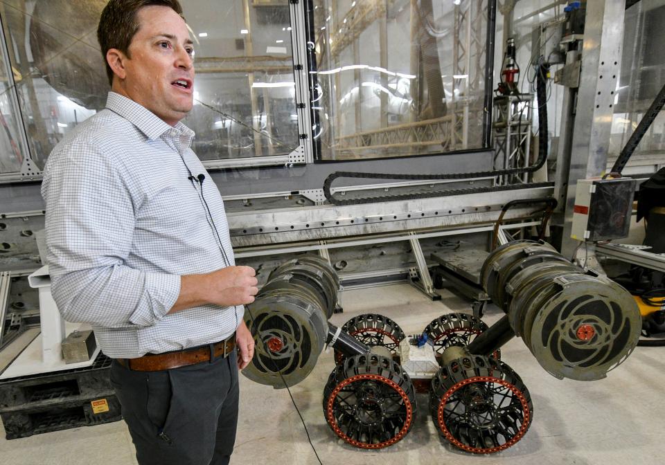 Nathan Gelino, principal investigator at Kennedy Space Center’s Swamp Works research facility, talks about the work they do June 14, 2022. Mandatory Credit: Craig Bailey/FLORIDA TODAY via USA TODAY NETWORK