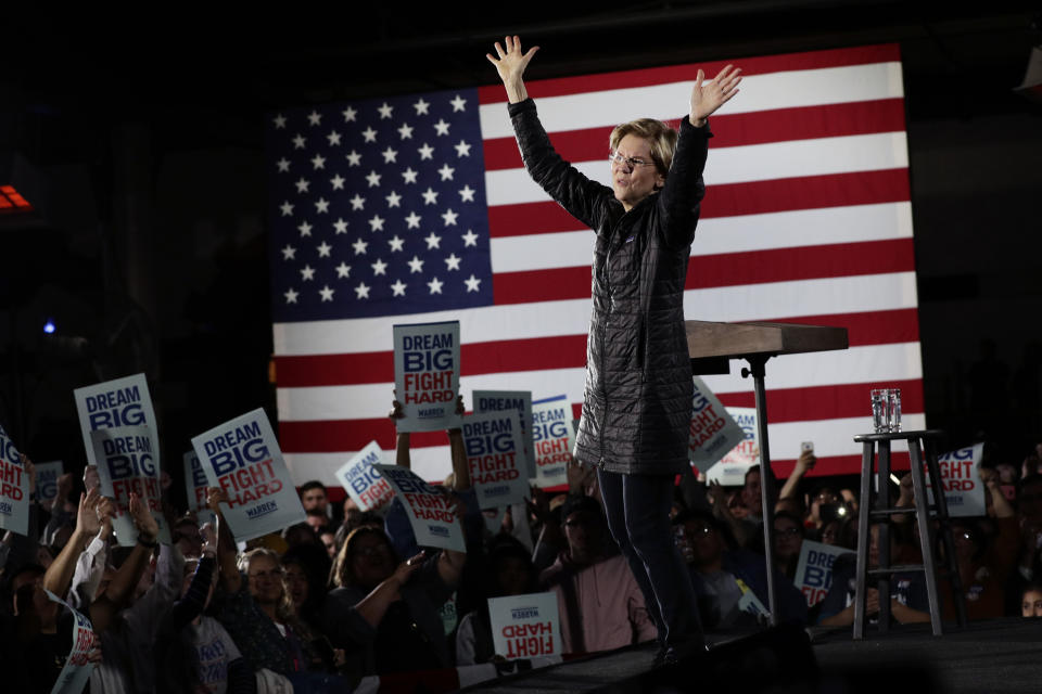 Democratic presidential candidate Sen. Elizabeth Warren, D-Mass., addresses supporters during a town hall in San Antonio, Thursday, Feb. 27, 2020. (AP Photo/Eric Gay)