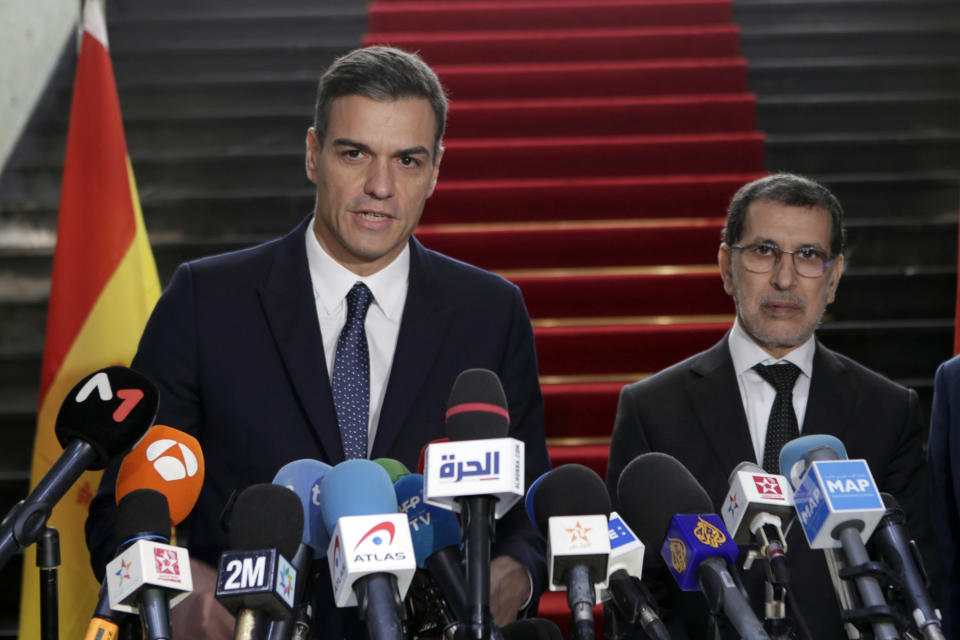 Morocco's Prime Minister Saad Eddine el-Othmani, right, and his Spanish counterpart Pedro Sanchez answer questions during a joint presse conference held in Rabat, Morocco, Monday, Nov, 19, 2018. (AP Photo)