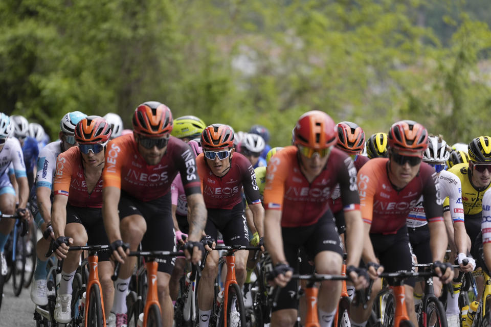 Geraint Thomas of Team Ineos - Grenadiers, in action, during stage 2 of the Giro d'Italia from San Francesco al Campo to Santuario di Oropa, Italy, Sunday May 5, 2024. (Fabio Ferrari/LaPresse via AP)