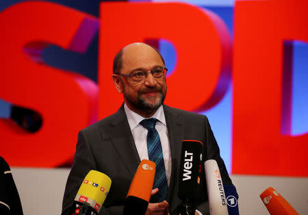 Martin Schulz, leader of Germany's Social Democratic Party (SPD) inspects the convention hall prior to the SPD's one-day party congress in Bonn, Germany, January 20, 2018. REUTERS/Wolfgang Rattay