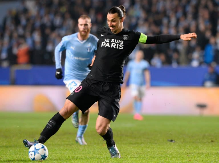 Paris Saint-Germain's forward Zlatan Ibrahimovic controls the ball during a UEFA Champions League match against Malmo in Malmo, Sweden on November 25, 2015