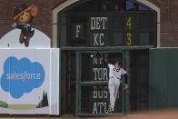 Arizona Diamondbacks right fielder Josh Reddick (22) cannot catch a triple hit by San Francisco Giants' Brandon Belt during the sixth inning of a baseball game in San Francisco, Tuesday, June 15, 2021. (AP Photo/Jeff Chiu)