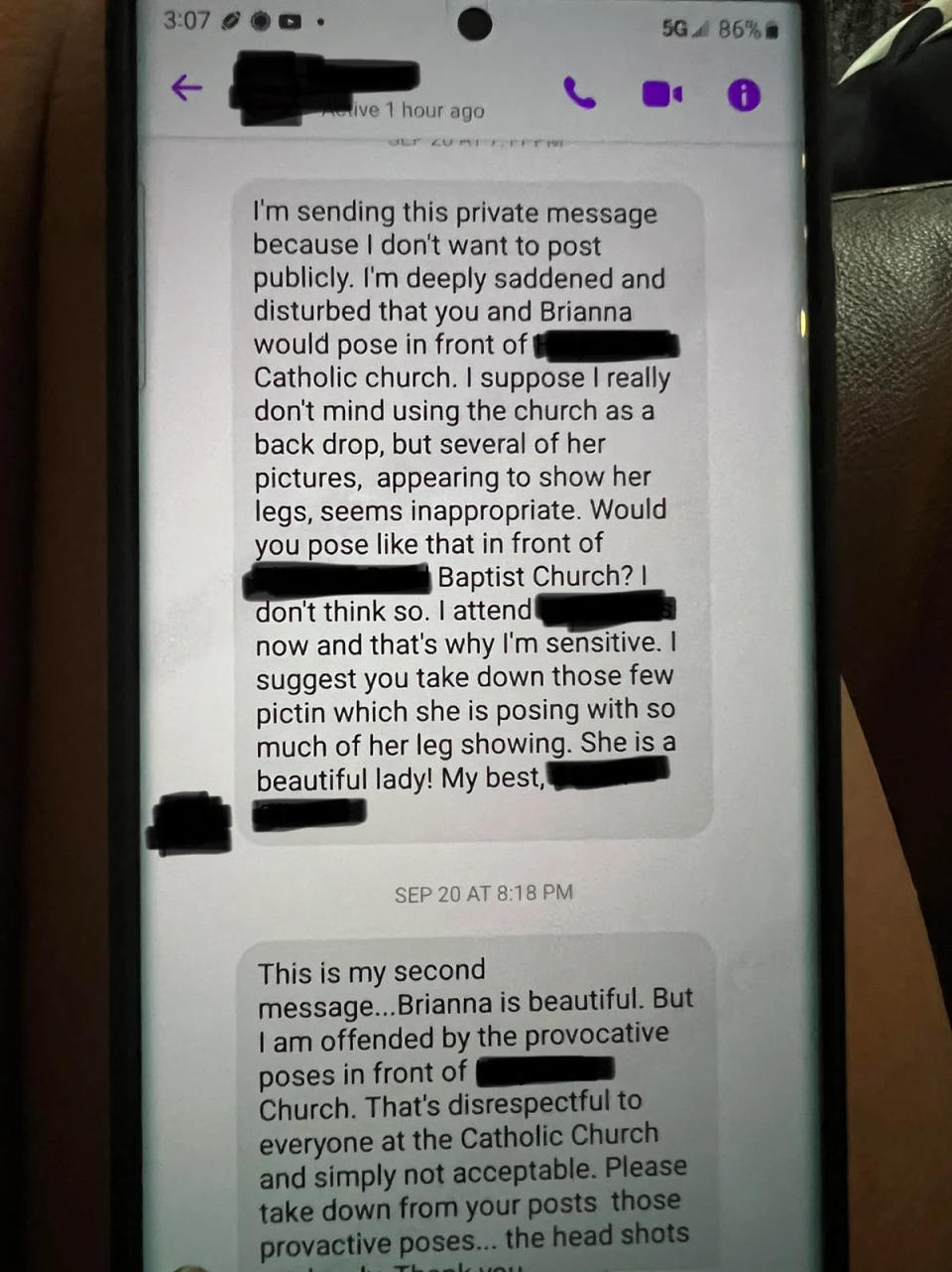 Screenshot of Facebook messages sent to Brianna's father