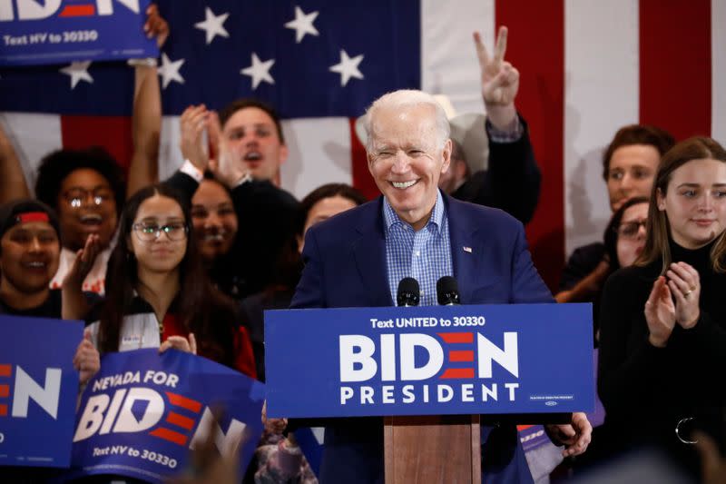 Democratic 2020 U.S. presidential candidate and former Vice President Joe Biden speaks during a caucus night event in Las Vegas