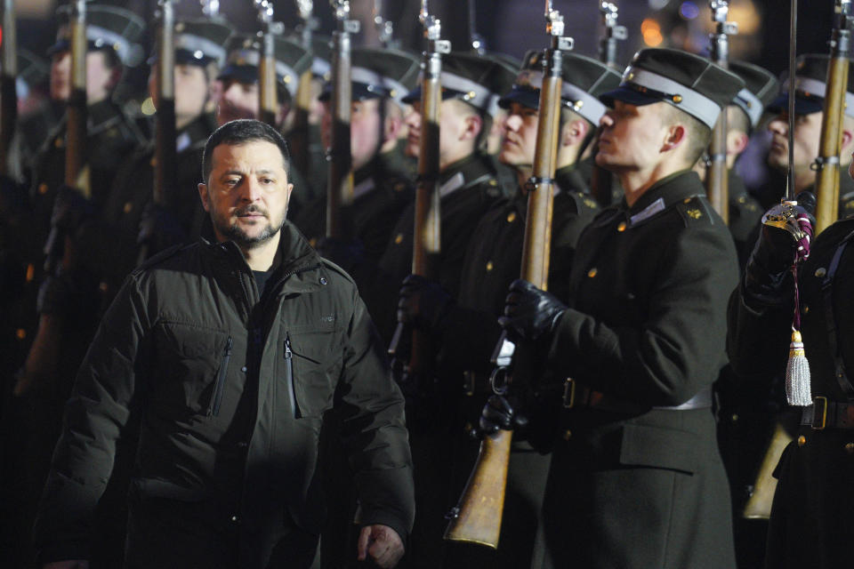 Ukrainian President Volodymyr Zelenskyy attends a welcoming ceremony in Riga, Latvia, Thursday, Jan.11, 2024. (AP Photo/Roman Koksarov)